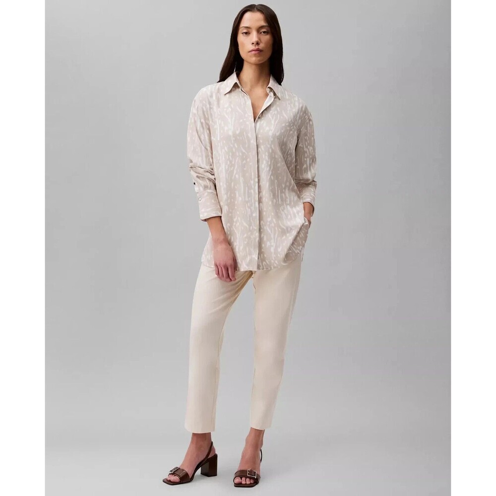 Calvin Klein Womens Flowing Printed Relaxed Fit Button-Front Shirt Cream White S